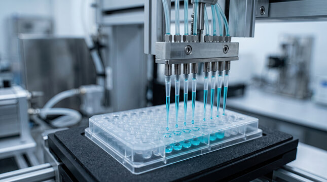 Automated Multichannel Pipette Dispensing Liquid into Microplate
