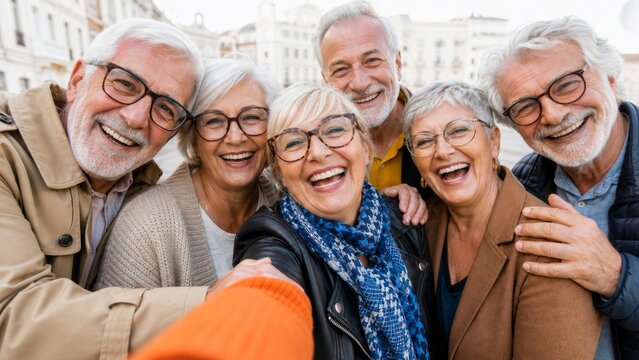 Joyful senior friends taking a close group selfie outdoors