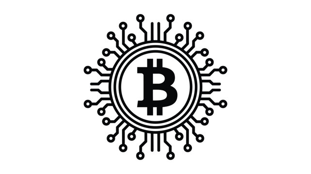 Bitcoin digital currency logo surrounded by electronic circuit board lines and connection nodes.
