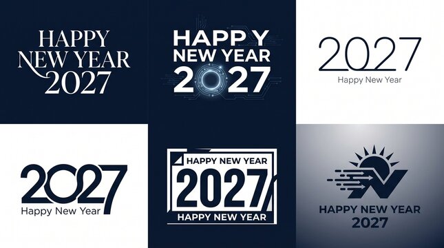 Set of modern Happy New Year 2027 logo designs and typography collection featuring minimalist, futuristic, and elegant styles for seasonal holiday branding and celebration events.