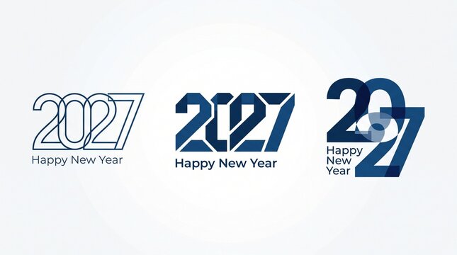 Set of three modern Happy New Year 2027 logo designs featuring blue geometric, linear, and overlapping typography for corporate branding and holiday celebration concepts.