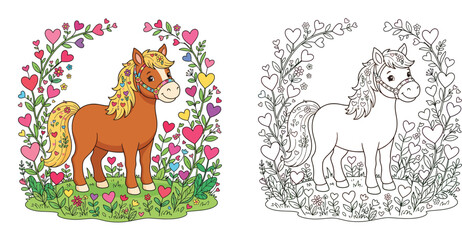 Fototapeta premium Cute cartoon pony horse in a field of heart flowers illustration set with black and white coloring page version for kids activities