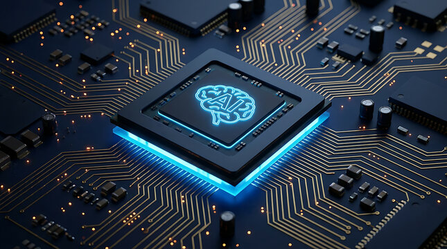 Central processing unit with glowing artificial intelligence brain