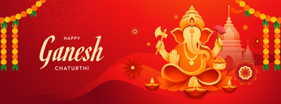 Happy Ganesh Chaturthi Wide Web Banner with Lord Ganesha, Diya Lamps and Traditional Indian Floral Garland