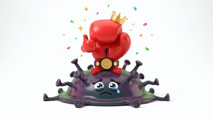 Fototapeta premium Cute red boxing glove character wearing a crown celebrates victory over a defeated virus cell