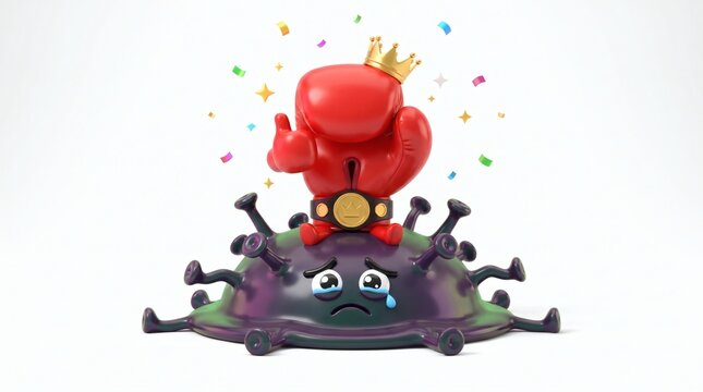 Cute red boxing glove character wearing a crown celebrates victory over a defeated virus cell