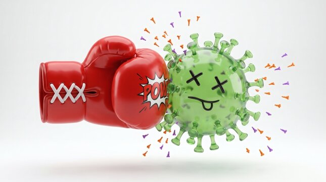 Red boxing glove punching and defeating a green cartoon virus cell representing medical victory