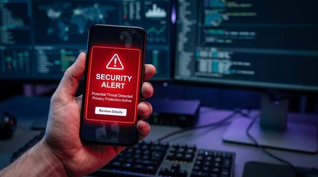 Person holding smartphone with red security alert notification on screen in a dark room with data monitors for cybersecurity and threat detection concept.