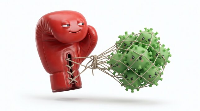 Red boxing glove character trapping a group of angry green virus cells inside a net