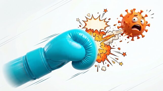 Blue boxing glove delivering a powerful punch to an orange virus cell with a comic explosion