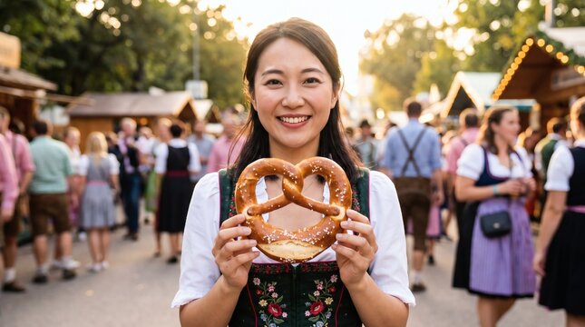Happy Asian woman wearing traditional dirndl holding a large pretzel at Oktoberfest festival in Munich