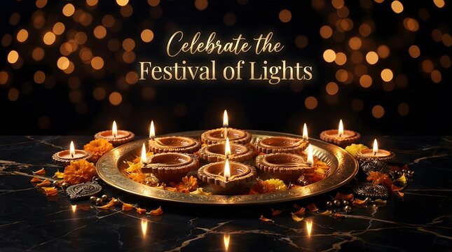 Celebration of diwali with lit oil lamps and colorful decorations on a dark surface