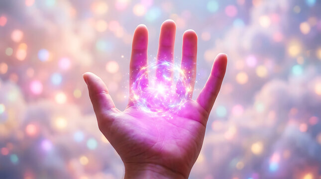 Glowing purple energy emanating from an open human palm hand