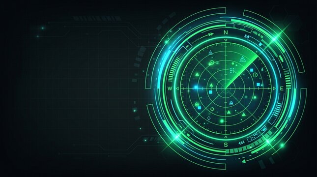 Futuristic radar screen with glowing green HUD interface, digital sonar display for navigation, high-tech military tracking system background