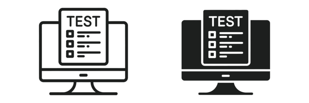 online test exam icons, vector glyph flat symbols for education and assessment design
