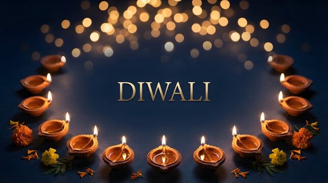 Diwali celebration with glowing oil lamps arranged in a circular frame with text