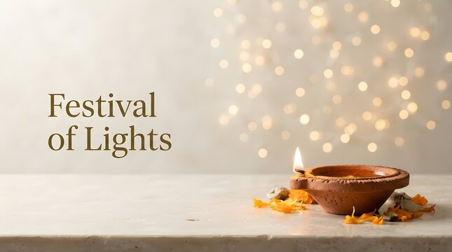 Traditional clay lamp with flickering flame and bokeh lights for diwali celebration