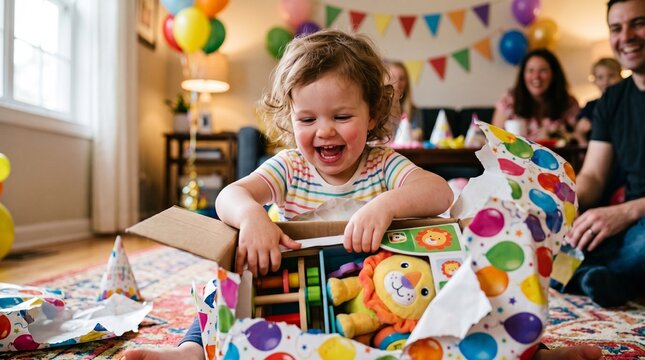Joyful toddler opens birthday gift surrounded by family and balloons