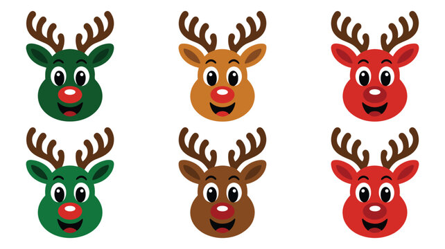 Cute cartoon reindeer faces in green brown and red colors for festive christmas holiday decoration.