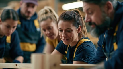 Obraz premium Manufacturing team coordinating furniture assembly around central frame