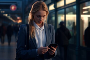 Fototapeta premium Young professional woman using smartphone in urban setting during twilight with modern architecture in background