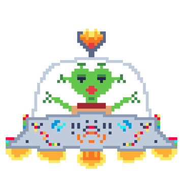 A pixel-art style UFO object with a green alien figure inside.