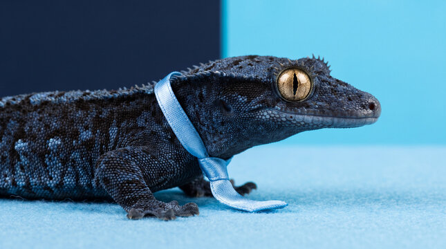 Crested gecko wearing blue silk necktie against modern two tone wall.