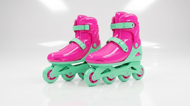 Vibrant pink and mint green inline roller skates isolated on white background