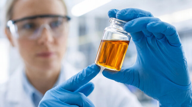 Professional researcher collecting fuel sample in glass vial, displaying focused concentration during chemical experiment inside laboratory