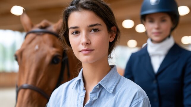 Young woman with brown hair poses in front of a horse while a female equestrian in a riding outfit stands in the background inside an indoor equestrian arena