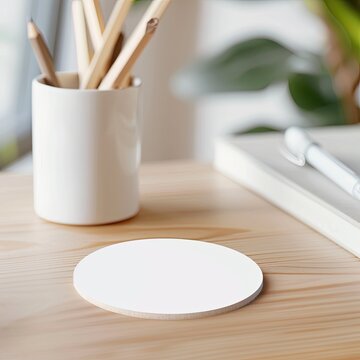 Blank Round Sticker on Desk Mockup