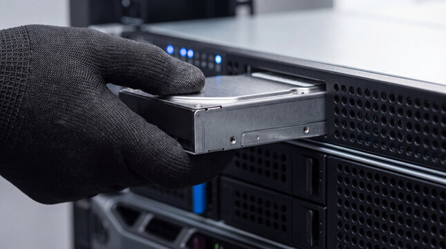 Technician hand inserting hard drive into server rack, focused professional handling data storage hardware in data center