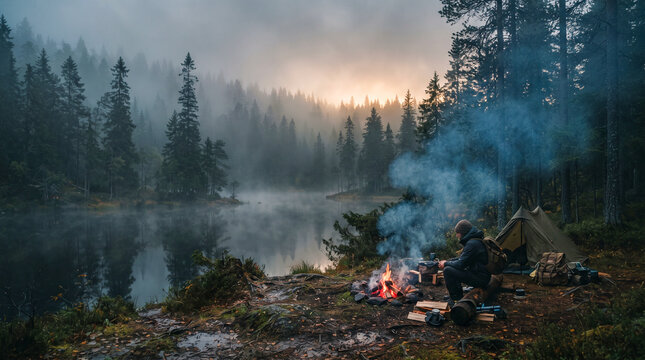 Una hoguera humeante calienta un campamento m&iacute;stico en el bosque al amanecer, con rayos de sol atravesando la niebla sobre un r&iacute;o sinuoso.