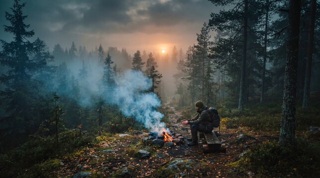 Una hoguera humeante calienta un campamento m&iacute;stico en el bosque al amanecer, con rayos de sol atravesando la niebla sobre un r&iacute;o sinuoso.