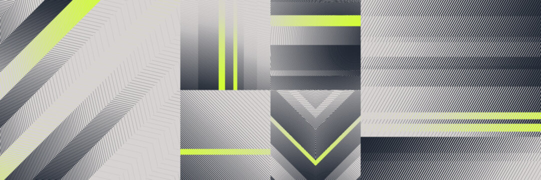 Abstract grid background segmented optical transition of wavy dither patterns, technical grey gradient geometric halftone texture with sharp chevron striped beams and vertical neon lime striped bars