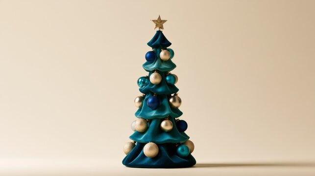 Вlue Christmas tree ornament on a clean neutral background, winter celebration, festive decor, holiday styling, Christmas season.