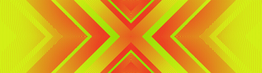 Obraz premium Neon lime backdrop mirrored optical transition of dense concentric arches and sharp zigzag strokes, geometric halftone texture with overlapping fiery orange striped chevron paths and X shapes