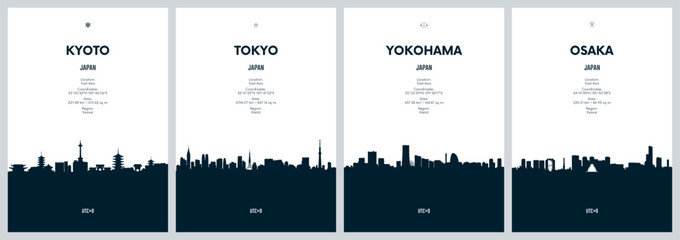 Obraz premium Set of travel posters with city skylines Kyoto, Tokyo, Yokohama, Osaka, Detailed minimalistic panorama of the urban silhouette, Black and white printable artwork, vector graphic