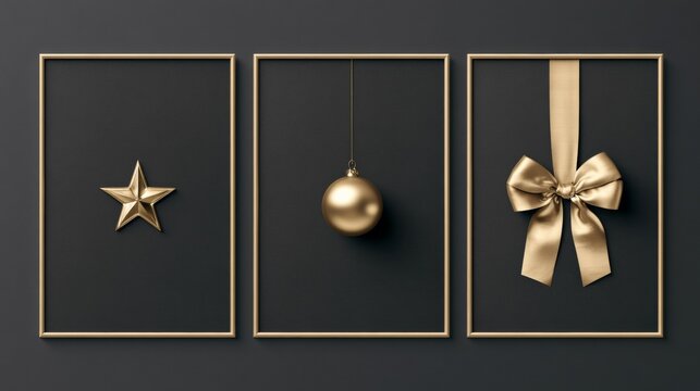 Dark Christmas gift card collection with metallic ornaments, festive celebration, elegant holiday branding, seasonal stationery.
