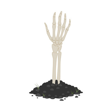 Halloween spooky skeleton hand rising from dirt ground, bone arm reaching out from grave soil, creepy horror vector illustration isolated on white background.