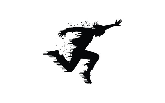 Running figure silhouette with glitch effect on a white background