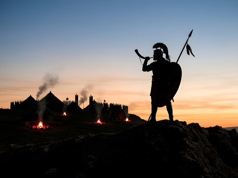 Silhouette of ancient warrior blowing signal horn at sunset