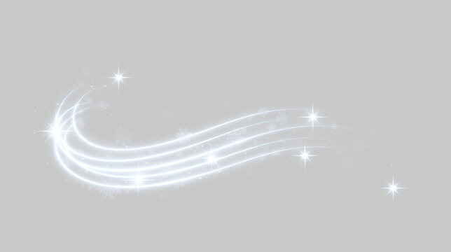 Glowing white light trail with sparkles and snowflakes on transparent background. Curved magical swoosh effect for winter holiday design. Luminous motion wave overlay
