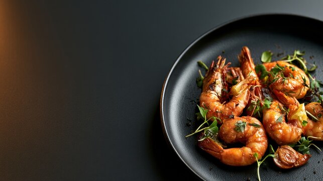 Gourmet shrimp seafood dish with vegetables featured on a black plate, elegant dining, restaurant cuisine, premium food styling, culinary presentation.