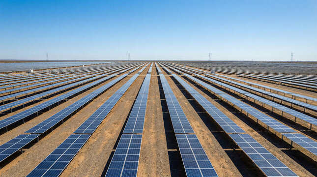 Large solar photovoltaic farm with rows of panels under clear blue sky