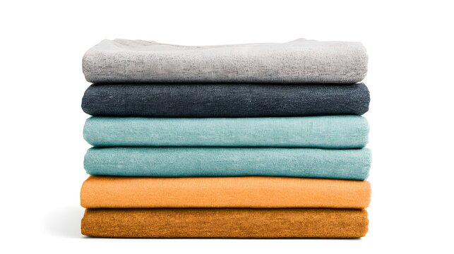 A neat stack of folded colorful t-shirts isolated on white background. Perfect for clothing retail, organization, and laundry concepts.