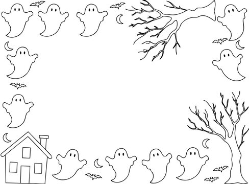 Halloween ghost haunted house tree border line art