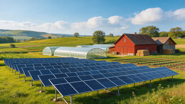 Solar panels beside greenhouse and rural farm for sustainable agriculture