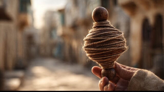 Close up of a wooden spinning top wrapped with twine string held in hand outdoors wooden toy hand holding vintage toy traditional toy wooden object