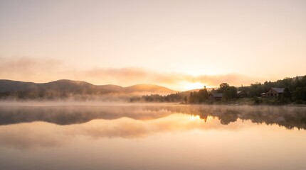 Fototapeta premium Beautiful sunrise over a calm lake with soft mist and mountain reflections in the golden morning light